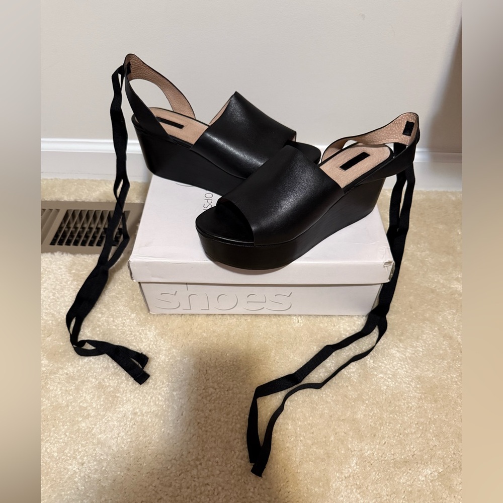 Topshop Black Wedge Sandals with Ankle Ties